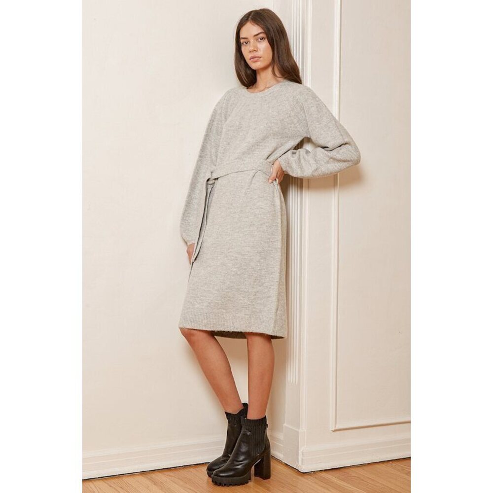 Lulus Good Days Ahead Light Grey Belted Sweater Dress - Size M